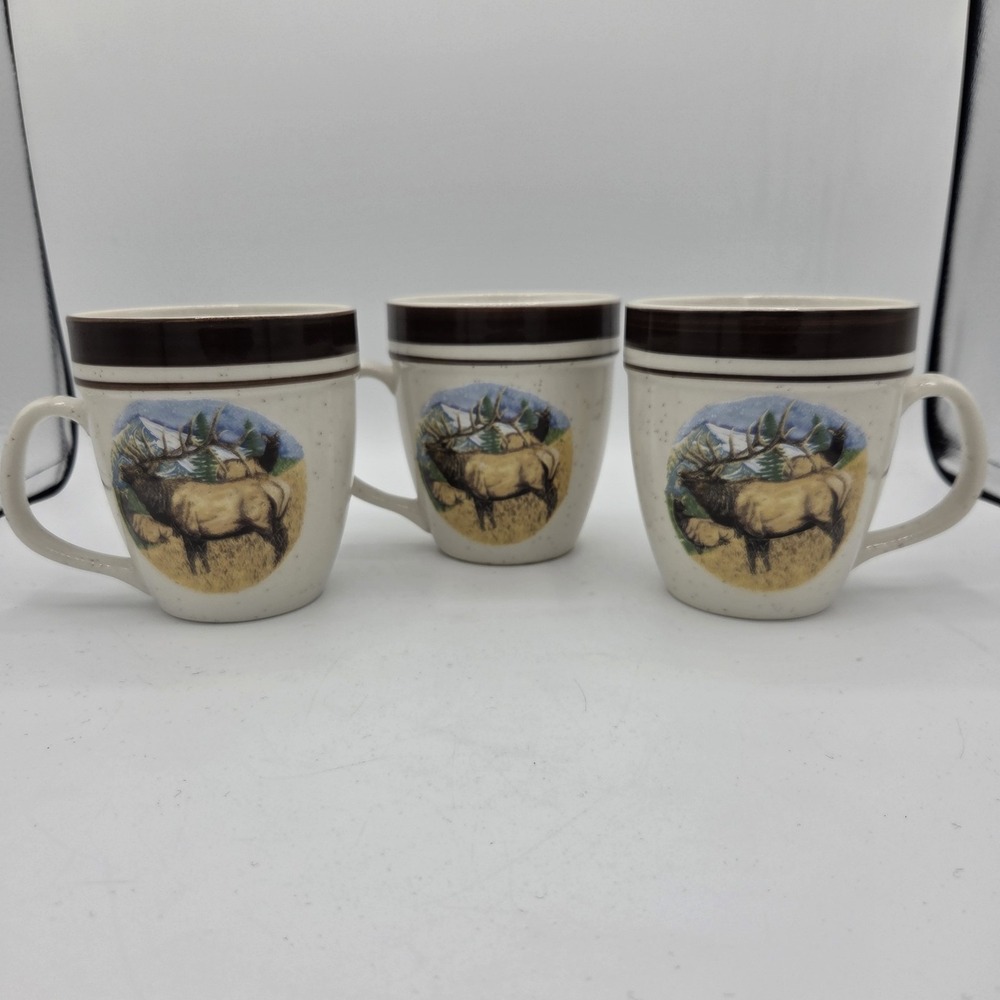 Set Of Three Folkcraft Stoneware Coffee Mugs Bugling Elk Cabela's